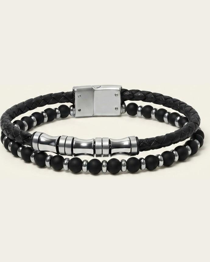 Bracelet Homme Perles et Cuir Tressé